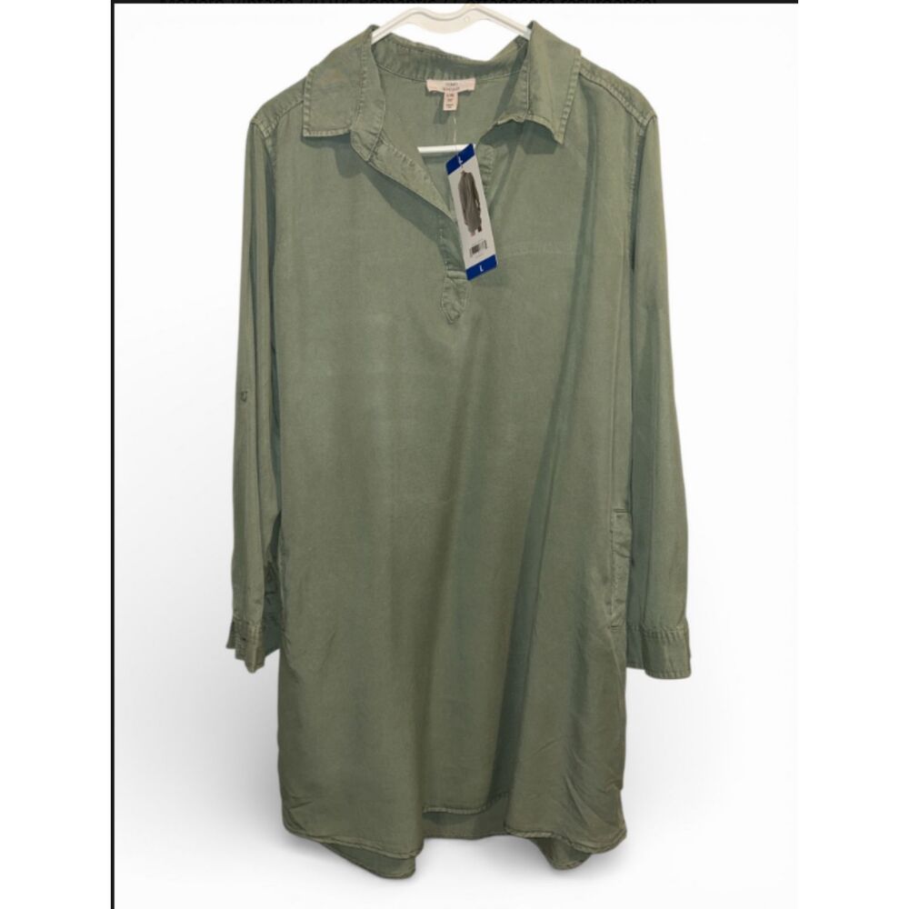 Women's Como Vintage Olive Shirt Dress Size L Long Sleeve Tunic Dress